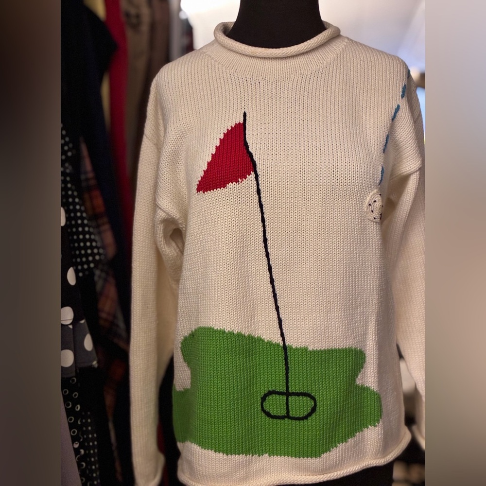 White Golf Motif Knit Sweater - Picture 2 of 14
